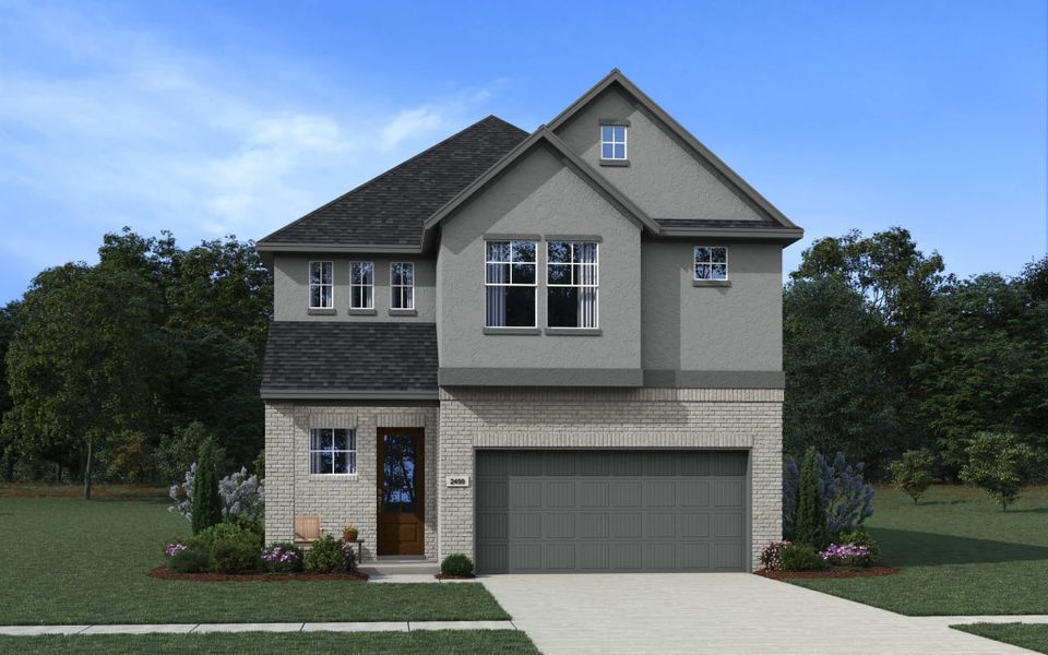 Representative exterior photo of a completed home built from the Saxony by Chesmar Homes in Stillwater Ranch, San Antonio, TX (Image 3). Representative exterior photo of a completed home built from the Saxony by Chesmar Homes in Stillwater Ranch, San Antonio, TX (Image 3).