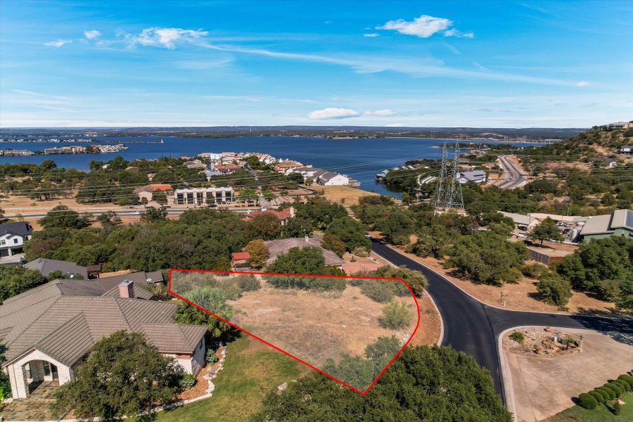 Aerial view of property's proximity to Lake LBJ featuring property parcel outline Aerial view of property's proximity to Lake LBJ featuring property parcel outline