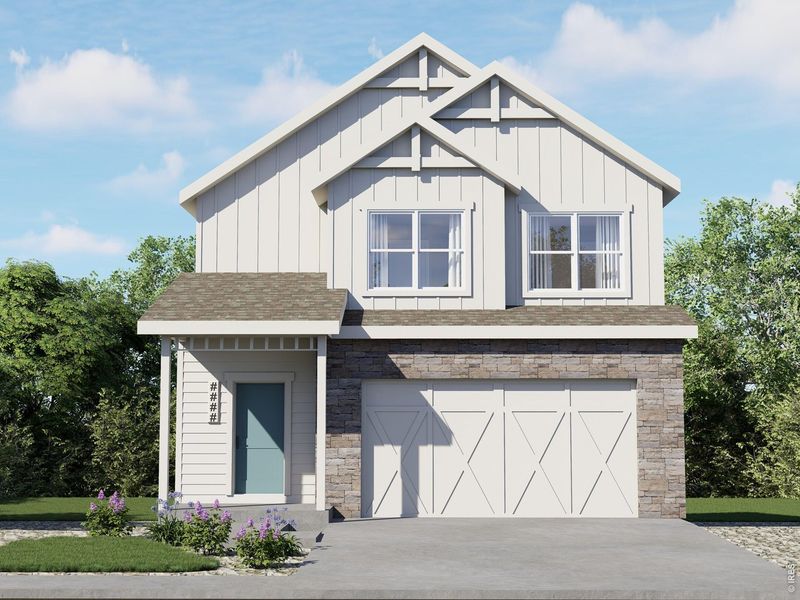 Front exterior of a new home in Wilson Commons, Loveland, CO, highlighting curb appeal (Image 2). Front exterior of a new home in Wilson Commons, Loveland, CO, highlighting curb appeal (Image 2).