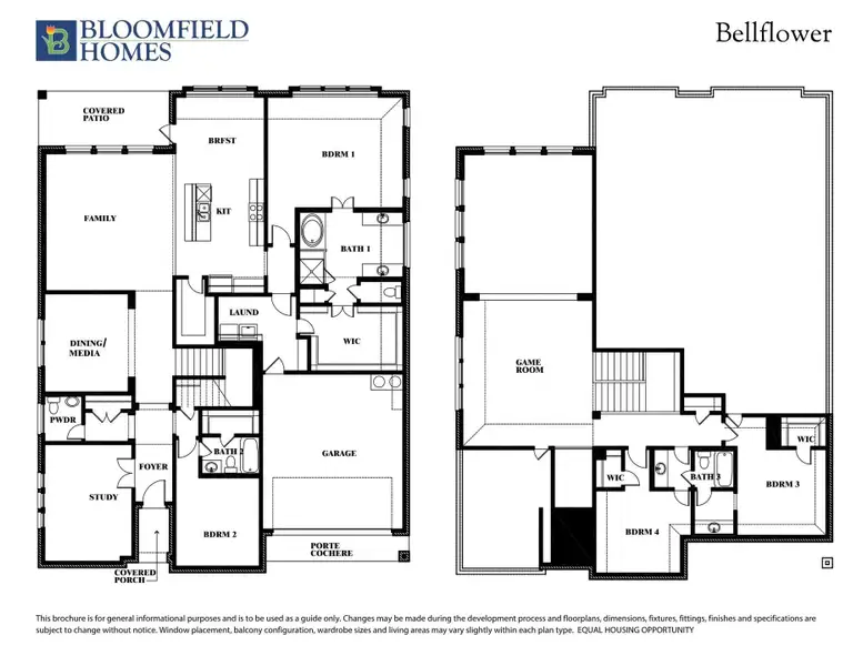 Bloomfield Homes Bellflower floor plan showing two-story layout with four bedrooms, game room, study, and covered patios.