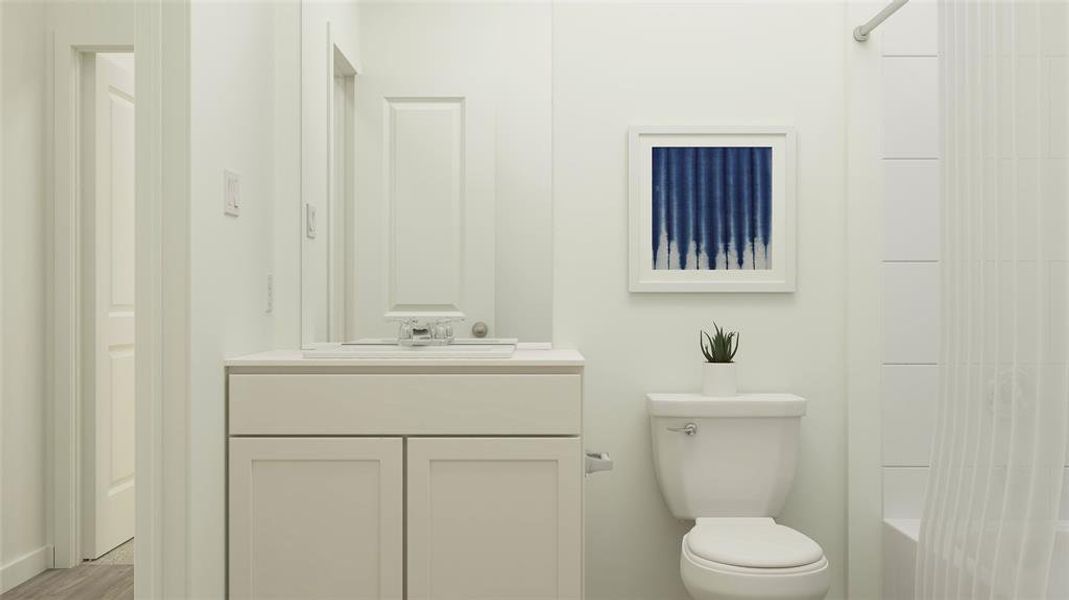 Bathroom with vanity, toilet, and wood-type flooring