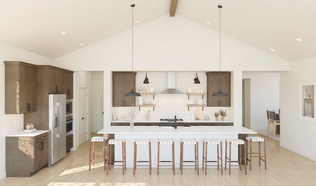 Kitchen with pendant lighting and floating shelves