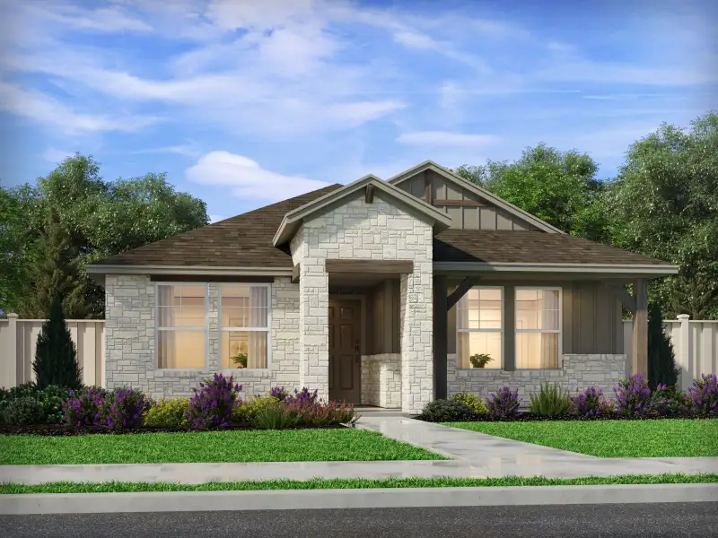 Front exterior of a new home in Colony at Cole Springs - Arbor Collection, Buda, TX, highlighting curb appeal (Image 1). Front exterior of a new home in Colony at Cole Springs - Arbor Collection, Buda, TX, highlighting curb appeal (Image 1).