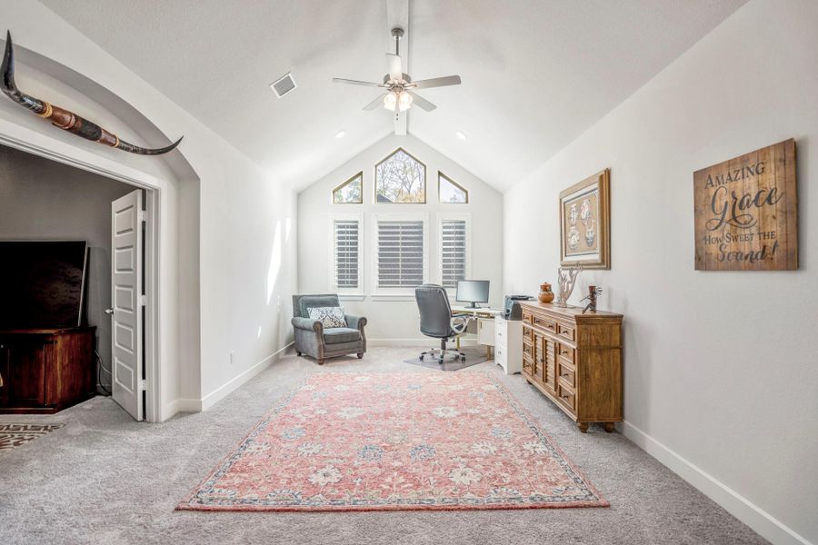 High ceilings, radiant sunshine, and plantation shutters compliment this flex space to meet your ever-changing needs. Just off this room is the designated media room.