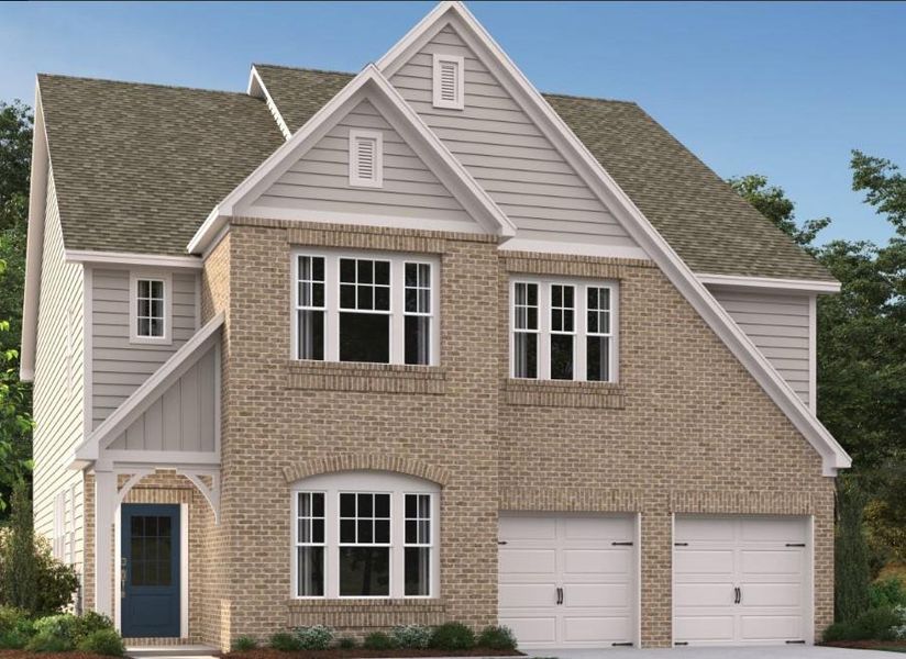 Front exterior of a new home in Eastlyn Crossing, Flowery Branch, GA, highlighting curb appeal (Image 1). Front exterior of a new home in Eastlyn Crossing, Flowery Branch, GA, highlighting curb appeal (Image 1).