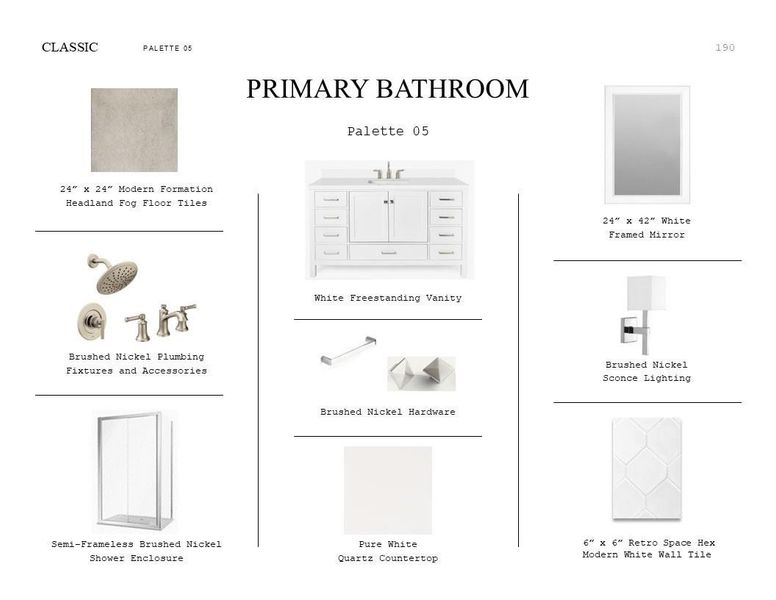 Classic Look Palette 5: Primary Bathroom Selection Sheet (*Artist rendering used for illustration purposes only.) Classic Look Palette 5: Primary Bathroom Selection Sheet (*Artist rendering used for illustration purposes only.)