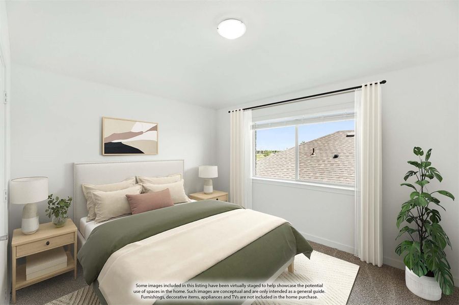 Bedroom with queen bed, carpet flooring, large window, and white walls in a virtually staged room