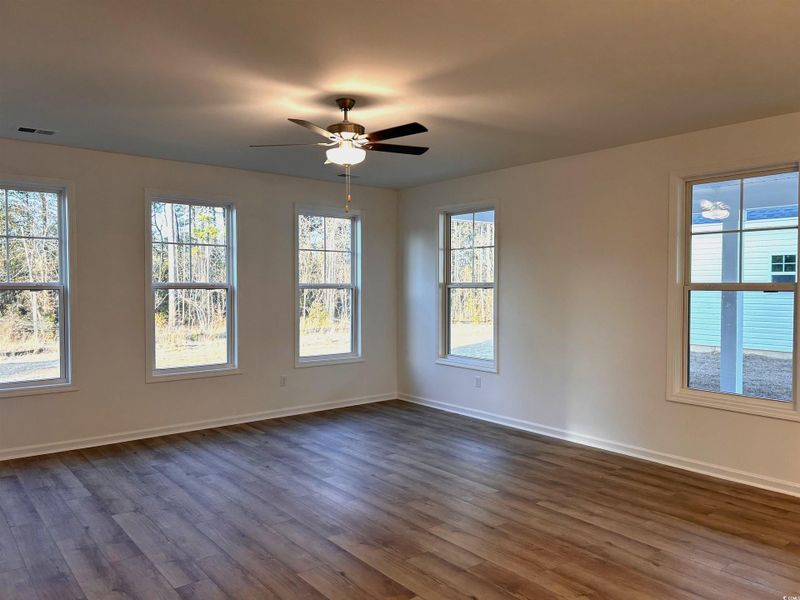 Spare room with dark wood-style floors, ceiling fan, and healthy amount of natural light