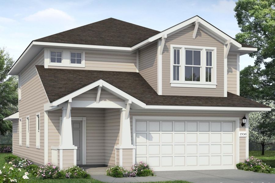 Image of a tan two story home rendering with white trim and a white garage door with a driveway Image of a tan two story home rendering with white trim and a white garage door with a driveway