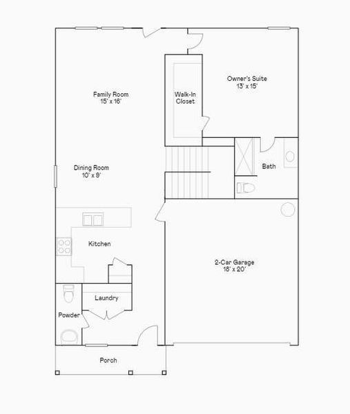 This floor plan features a spacious layout with a family room, dining room, and kitchen. The main level includes an owner's suite with a walk-in closet and bath, a laundry room, and a powder room. There's also a porch and a 2-car garage for convenience.