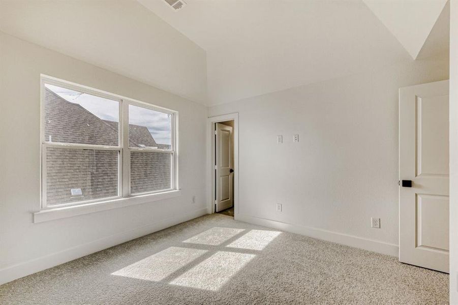 Unfurnished room with lofted ceiling and light colored carpet