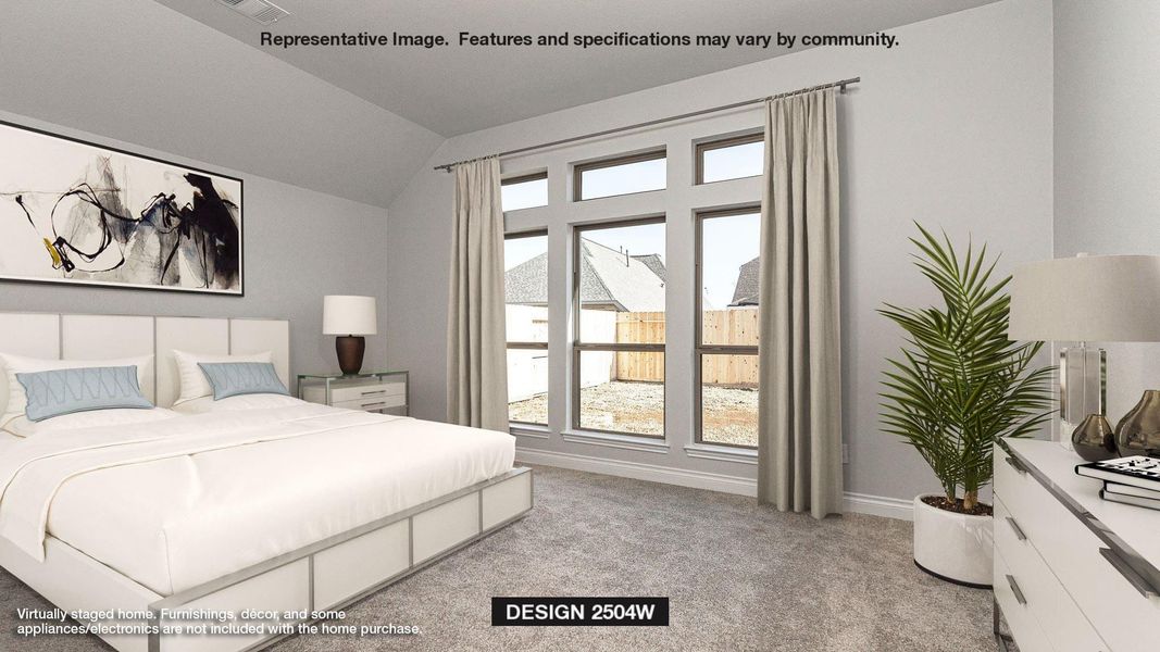 Bedroom with baseboards, light colored carpet, and vaulted ceiling