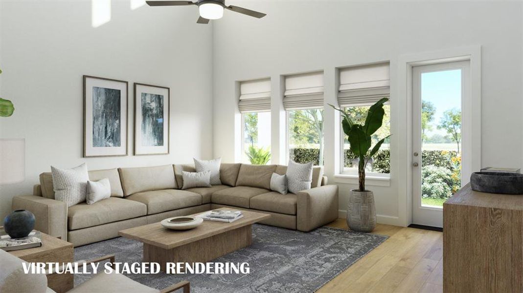 A spacious and light filled family room is the perfect place place for friends and family to gather.  VIRTUALLY STAGED RENDERING