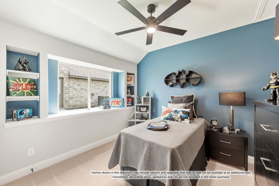 Children's bedroom with blue accent wall, superhero decor, built-in shelves, and ceiling fan Children's bedroom with blue accent wall, superhero decor, built-in shelves, and ceiling fan