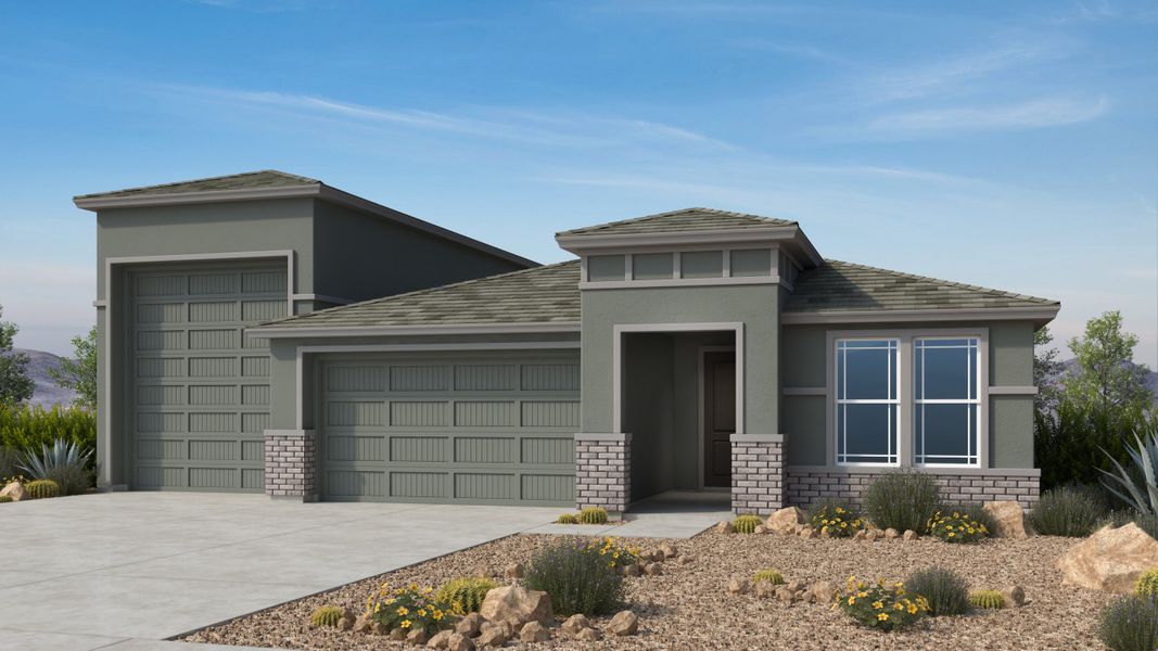 Front exterior of a new home in Combs Ranch, San Tan Valley, AZ, highlighting curb appeal (Image 1). Front exterior of a new home in Combs Ranch, San Tan Valley, AZ, highlighting curb appeal (Image 1).