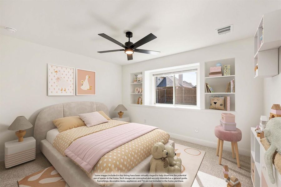 Children's bedroom with ceiling fan, built-in shelves, and pink-themed decor on carpet flooring