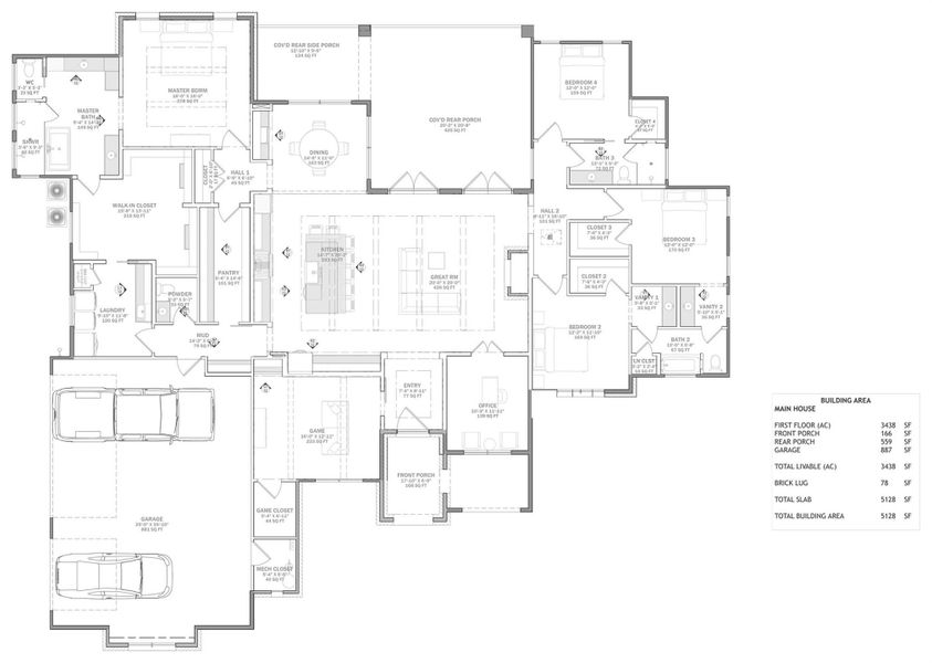 A detailed layout reveals a spacious single-level floor plan with an open concept design.