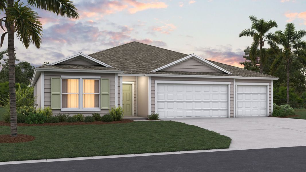 Representative exterior photo of a completed home built from the COVINGTON by D.R. Horton in Sawmill Branch Express, Palm Coast, FL (Image 1).