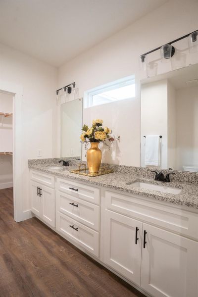 Full bathroom with double vanity, wood finished floors, and a spacious closet