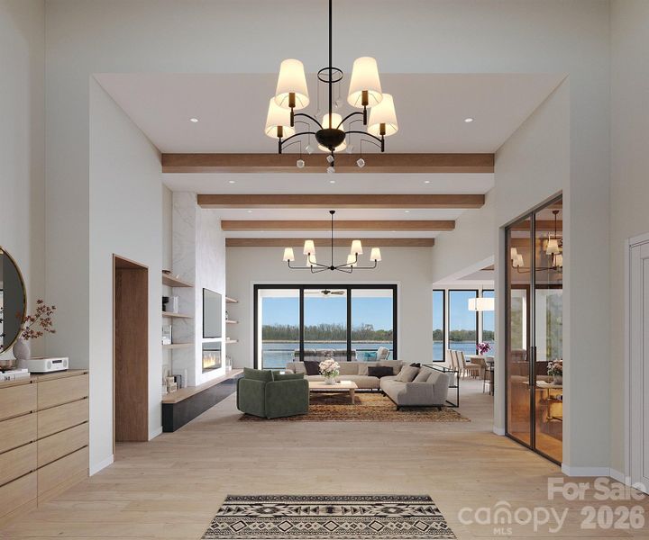 Rendering of entry/living room - custom lighting, linear gas fireplace and immediate Lake Norman views!