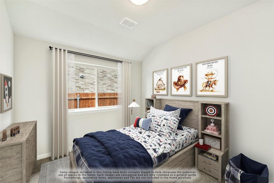 Children's bedroom with wood-frame bed, built-in shelving headboard, and cowboy-themed wall art above the bed.