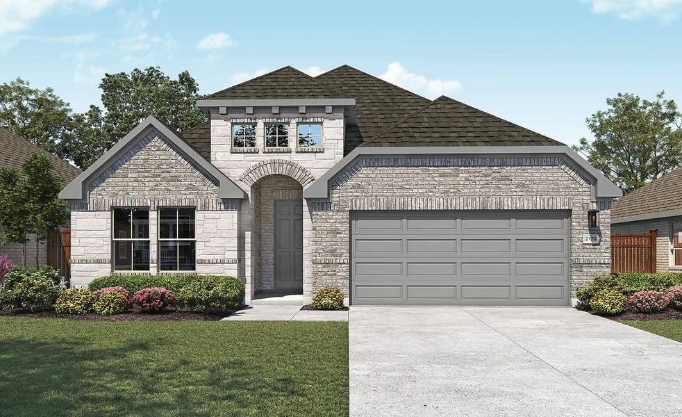 French country inspired facade featuring a garage, concrete driveway, stone siding, roof with shingles, and a front yard