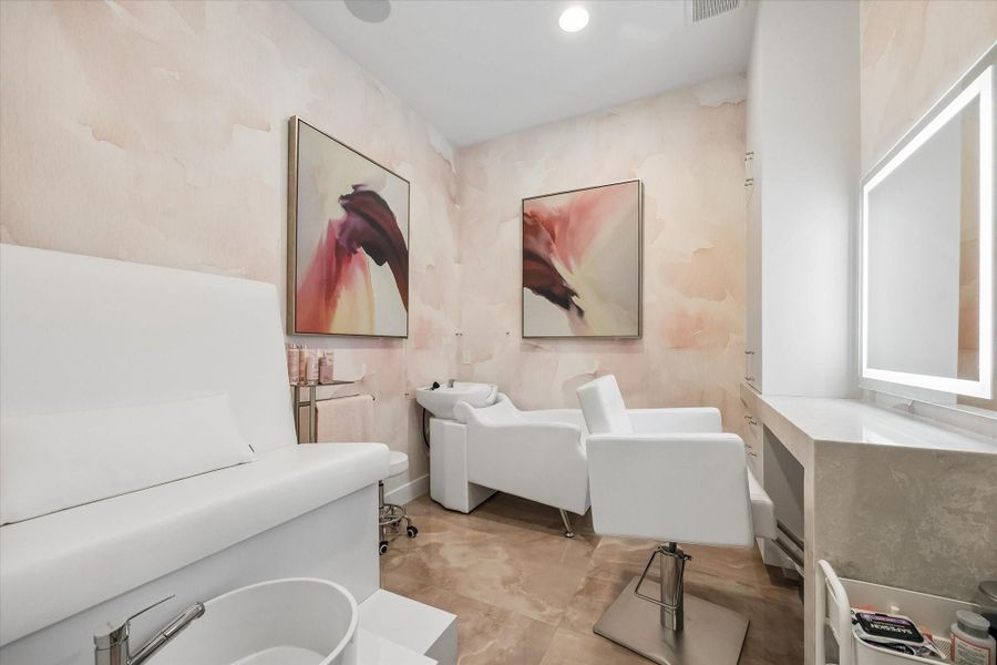 The salon! This space was fully customized with a nail station, hair washing station, and a full makeup station. Loads of air conditioned storage is located behind this room. The salon! This space was fully customized with a nail station, hair washing station, and a full makeup station. Loads of air conditioned storage is located behind this room.