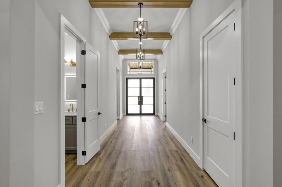 The iron and glass double front doors allow ample natural light to stream through the entry while still maintaining privacy from the street. The iron and glass double front doors allow ample natural light to stream through the entry while still maintaining privacy from the street.