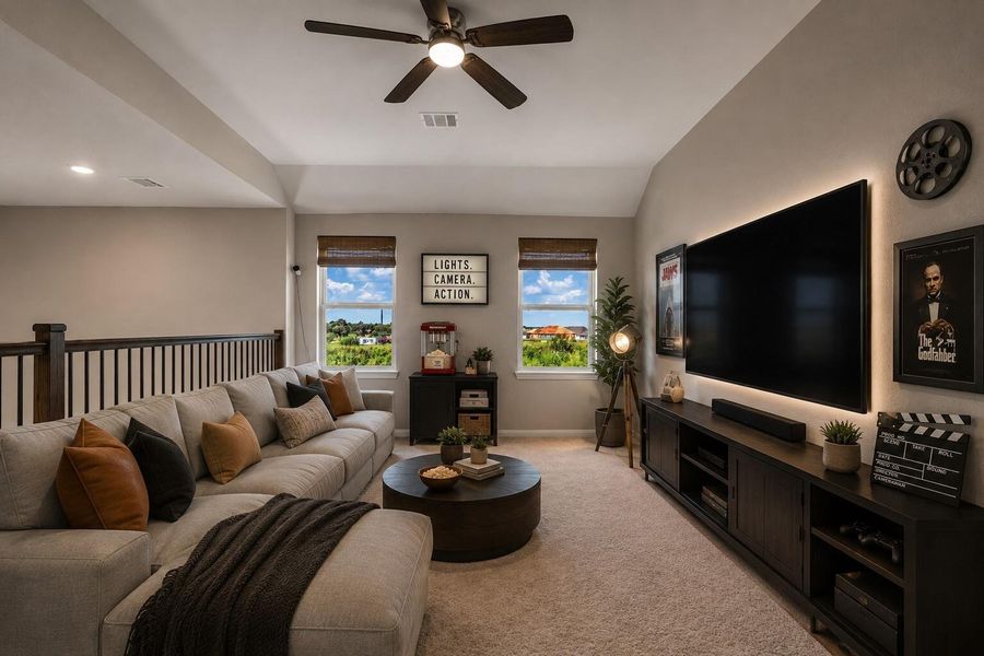 This open second-floor space is designed for flexibility and can easily be tailored to fit your lifestyle. Virtually staged to spark ideas, it can serve as a game room, sitting area, home office, media space, or whatever best suits your needs. (Virtually Staged)