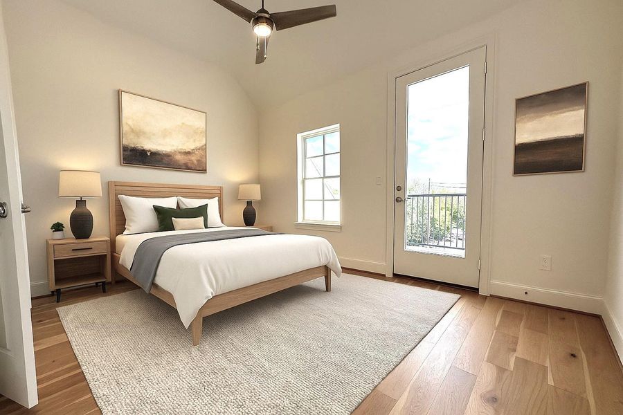 Bright primary bedroom with door to private rooftop terrace.   Virtual staging added.