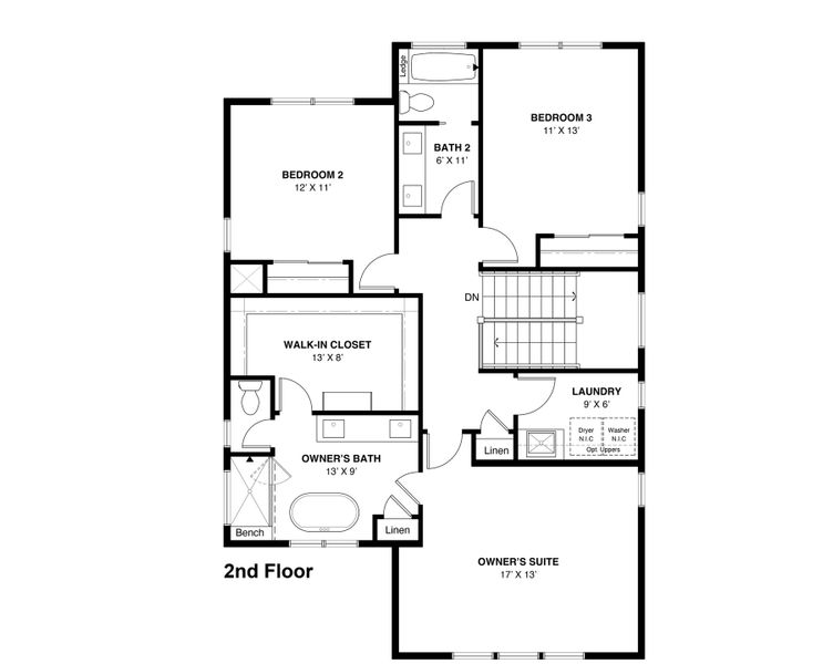 2D floor plan layout for the 2100 2-Story Front Load by Markel Homes in West Grange, Longmont, CO (Image 6).