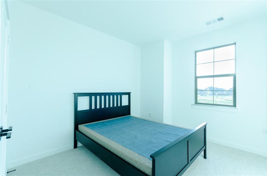 Bedroom with light carpet