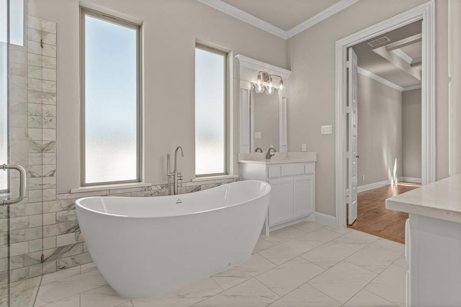 Bathroom featuring vanity, ornamental molding, and shower with separate bathtub