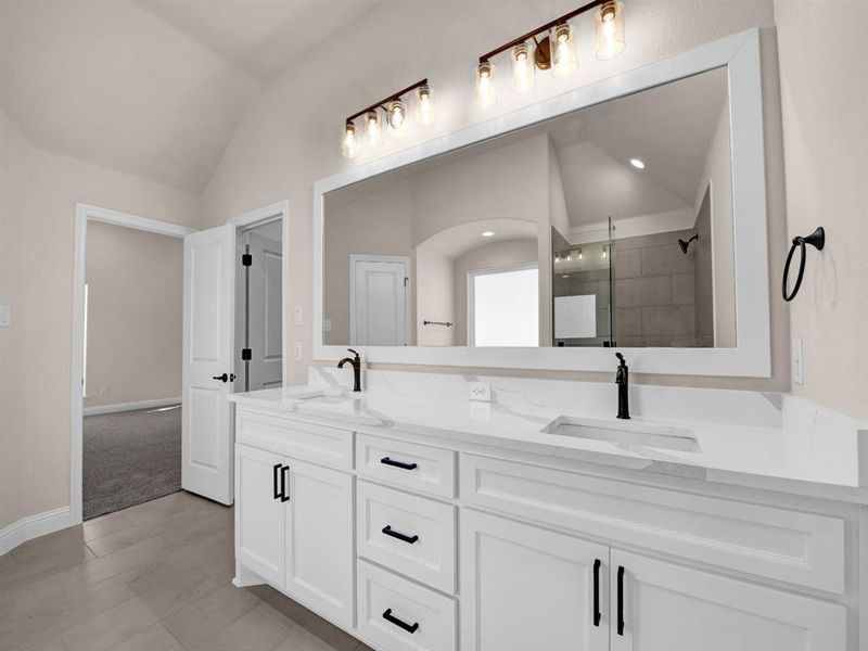 Bathroom featuring lofted ceiling, walk in shower, and vanity