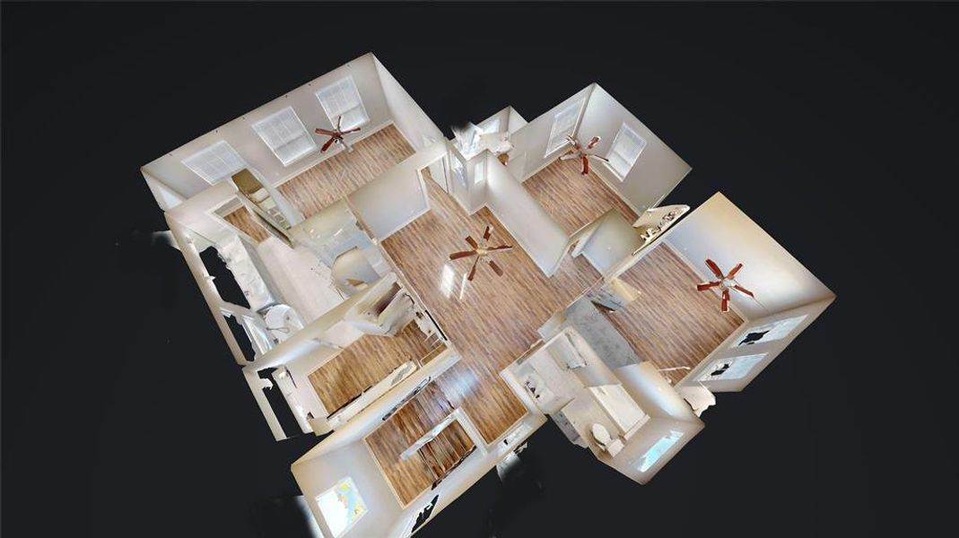 The floorplan of the second floor which includes the primary suite, two secondary bedrooms, a hall-bath, game room and laundry room.