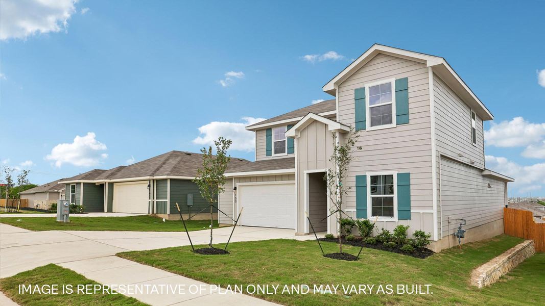 Front exterior of a new home in Talavera, Kyle, TX, highlighting curb appeal (Image 20).