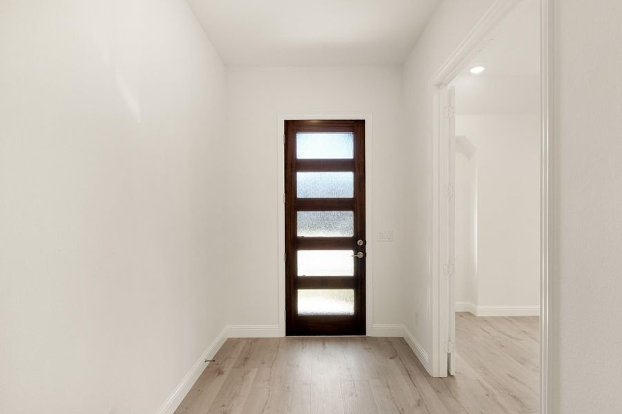 Entryway with dark wood front door featuring frosted glass panels and light hardwood floors
