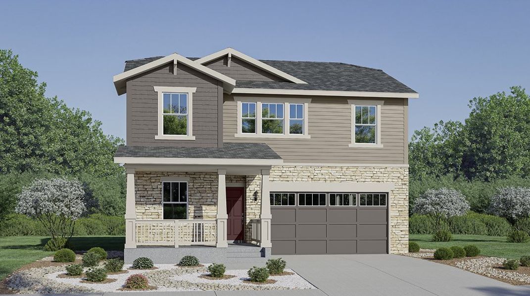 Front exterior of a new home in Kinston, Loveland, CO, highlighting curb appeal (Image 1). Front exterior of a new home in Kinston, Loveland, CO, highlighting curb appeal (Image 1).