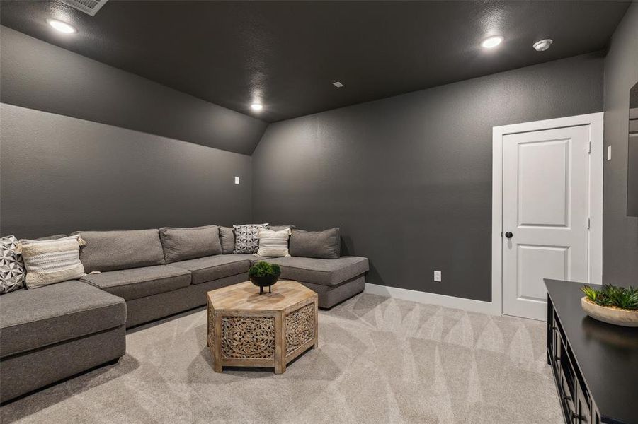 Carpeted living room with lofted ceiling