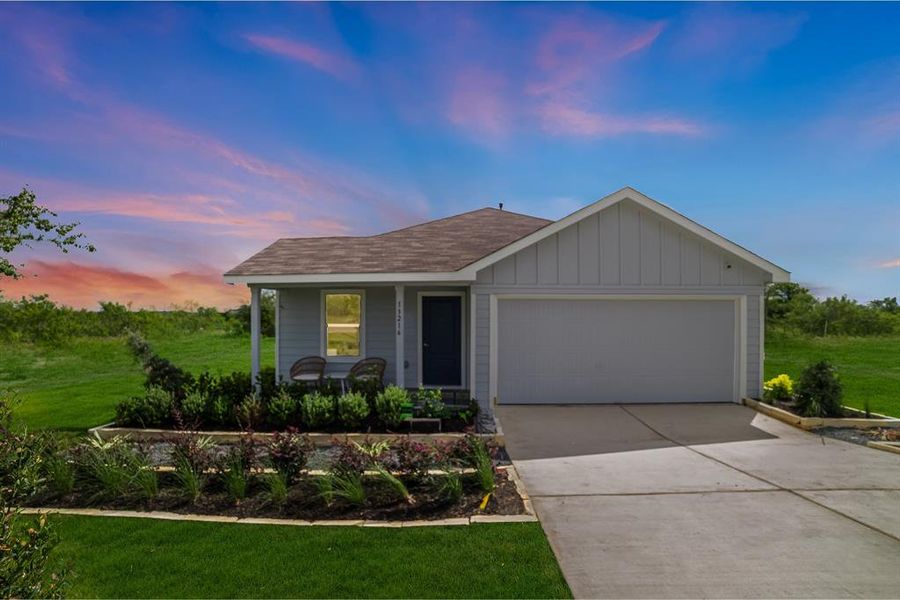 View of front facade with an attached garage, driveway, a porch, board and batten siding, and a lawn View of front facade with an attached garage, driveway, a porch, board and batten siding, and a lawn