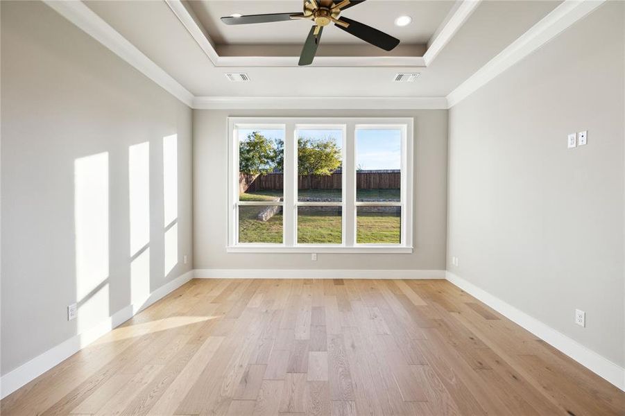 Unfurnished room featuring ceiling fan, light hardwood / wood-style floors, crown molding, and a tray ceiling