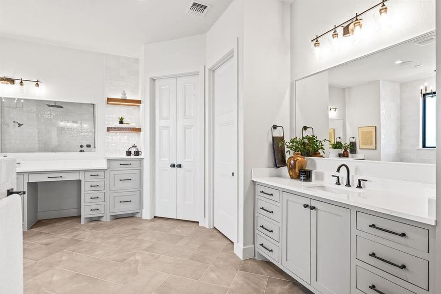 Owner's Bath Featuring Separate Vanities and Coffee Bar with Water Line