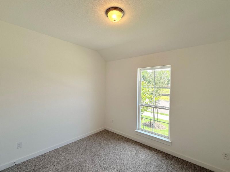 Carpeted empty room featuring lofted ceiling and a textured ceiling Carpeted empty room featuring lofted ceiling and a textured ceiling