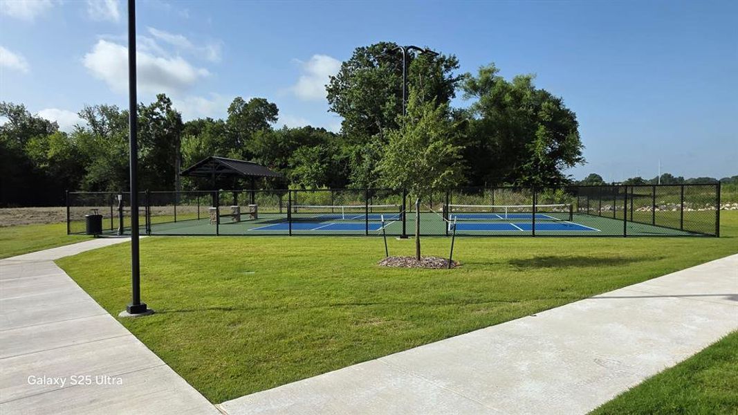 Outdoor recreation area featuring two blue pickleball courts, a black chain-link fence perimeter, and a shaded picnic pavilion Outdoor recreation area featuring two blue pickleball courts, a black chain-link fence perimeter, and a shaded picnic pavilion