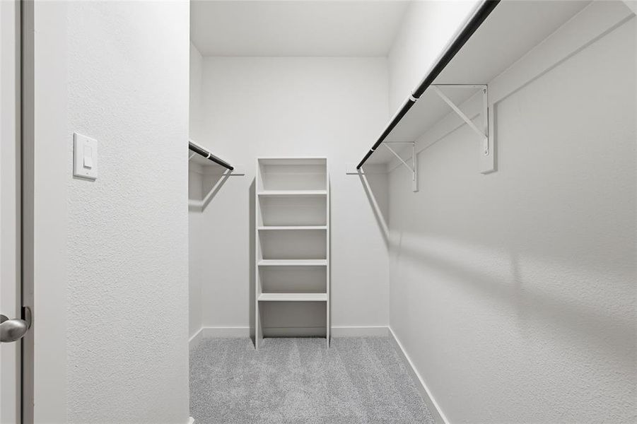 Walk-in closet featuring light gray carpet, multiple clothing rods, and built-in shelving Walk-in closet featuring light gray carpet, multiple clothing rods, and built-in shelving