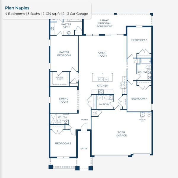 2D floor plan layout for the Naples by Maronda Homes in Seminole Bend, Pensacola, FL (Image 3).