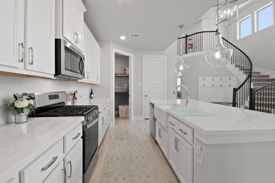 This beautiful kitchen is open to entry, dining and living.