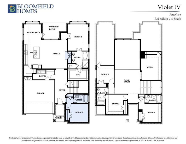 Bloomfield Homes Violet IV floor plan showing 5-bedroom, 4-bath two-story layout with game room, media room, and covered patio. Bloomfield Homes Violet IV floor plan showing 5-bedroom, 4-bath two-story layout with game room, media room, and covered patio.