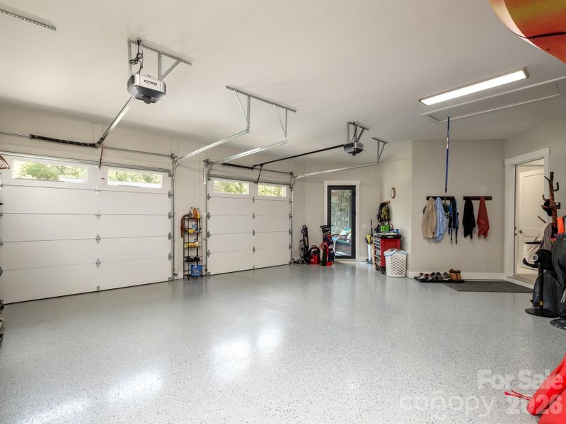 3-bay garage with epoxy flooring