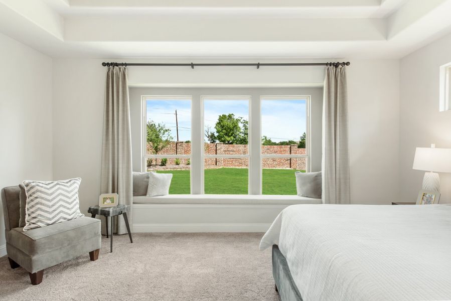 Bedroom with tray ceiling, built-in window seat, triple windows overlooking backyard, and neutral carpet Bedroom with tray ceiling, built-in window seat, triple windows overlooking backyard, and neutral carpet